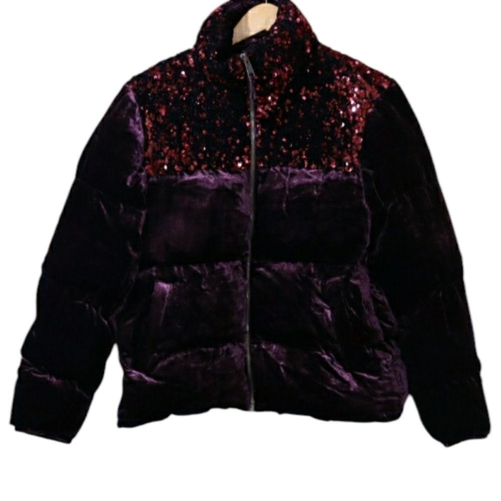 Maeve Anthropologie NWT Burgundy Sequin Velvet Puffer Coat XS Statement